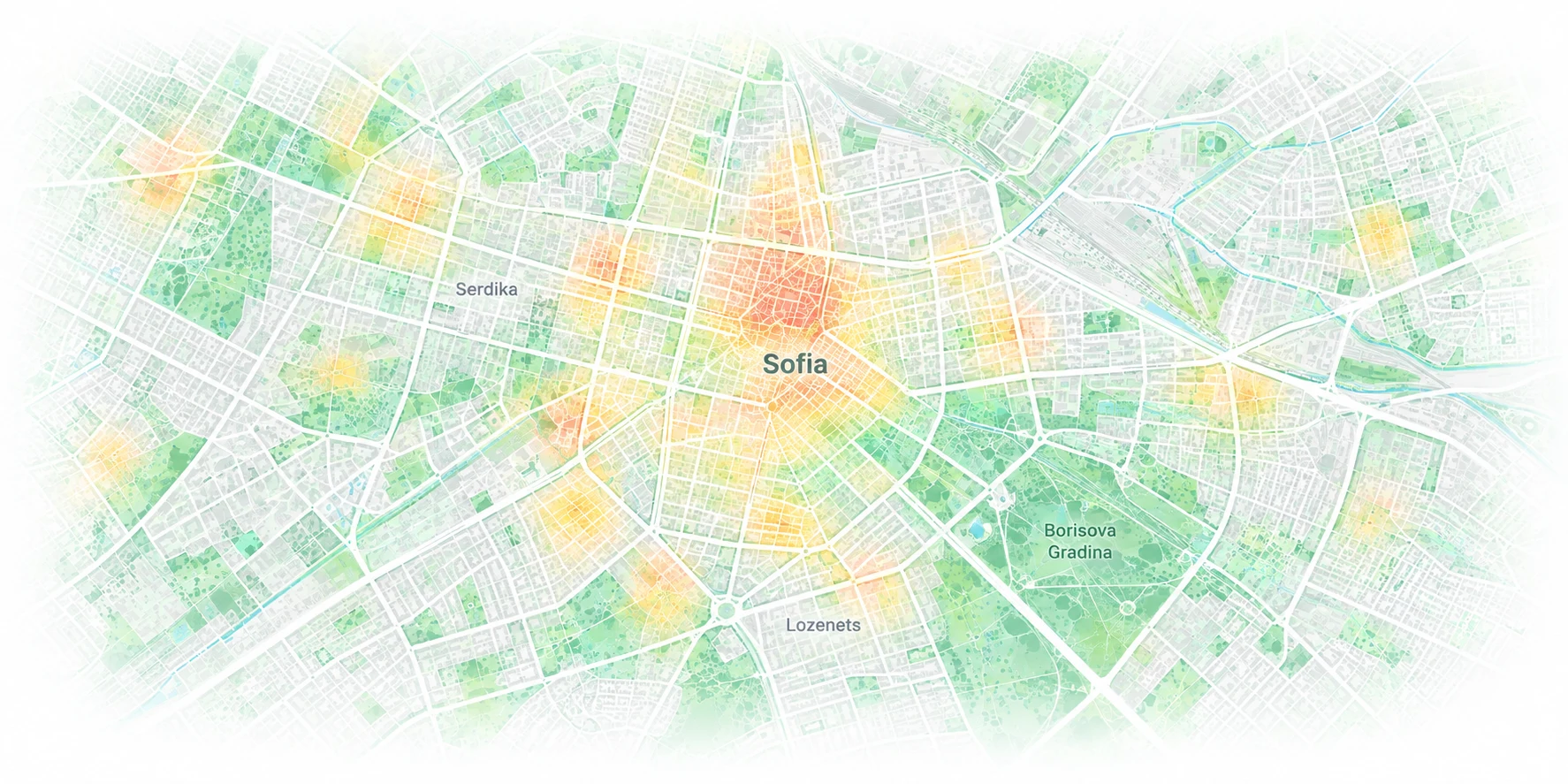 Illustrative map of Sofia, with streets, parks and green-to-amber research areas. This is an illustration, not live market data.